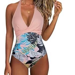 Women’s Tropical Print Halter One-Piece Swimsuit – XXL